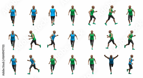 A sequence of a female runner in blue and green sportswear, captured from multiple angles to illustrate a complete running motion cycle.