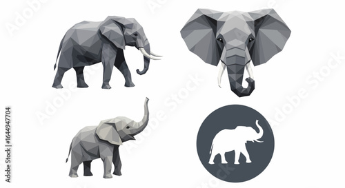 A collection of four elephant illustrations in a modern low-poly geometric style, including a logo icon.