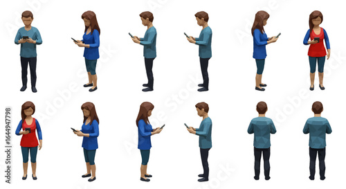 Diverse 3D rendered male and female figures engaging with mobile devices, shown from various angles against a white background.