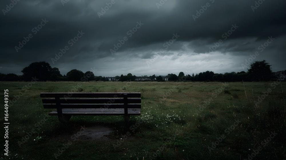 A lone park bench stands in a dreary stormy landscape A lone park bench stands in a dreary stormy landscape
