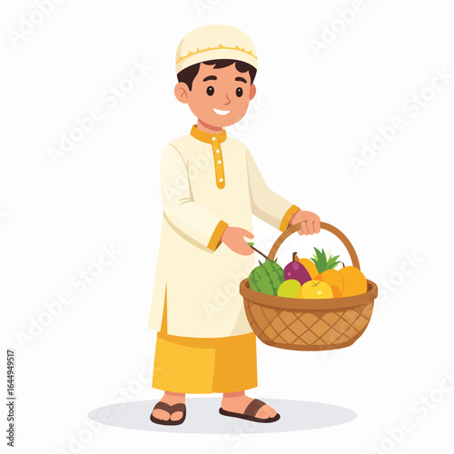 A young boy wearing a Muslim cap and traditional clothing carries a basket filled with various fruits.