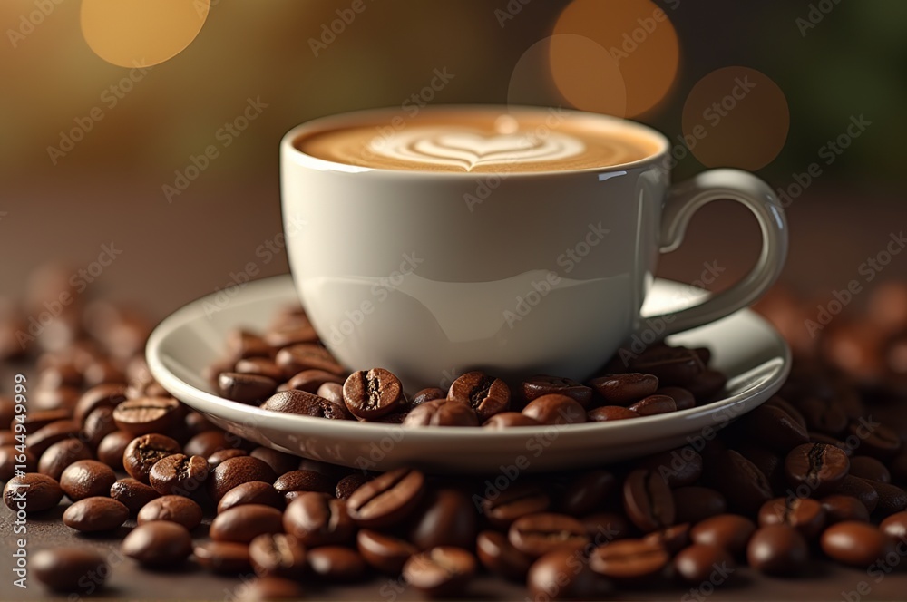 Fototapeta premium A beautifully crafted coffee cup sits atop a plate, surrounded by scattered roasted beans. The intricate latte art invites warmth and comfort, perfect for a peaceful moment of indulgence