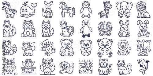 Animal toys icon set of  stuffed teddy bear, cat, dog and baby playthings for blogs, websites, clipart for cards, stationery design, kid education, presentations