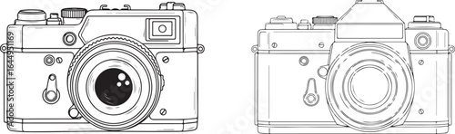Vintage camera outline illustration, retro camera black and white design