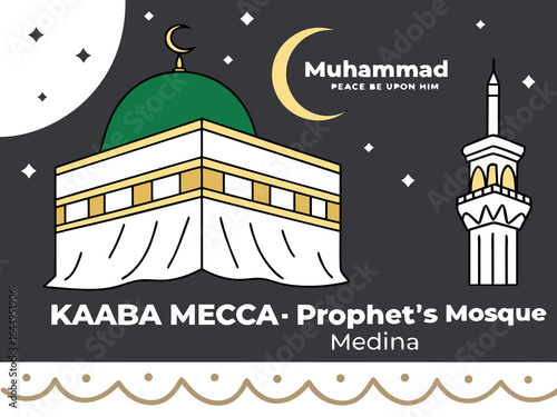 Islamic illustration of Kaaba in Mecca and Prophet's Mosque in Medina at night vector