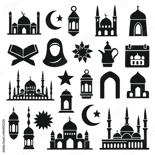Islamic Symbols Mosques Crescent Moon Lanterns and Holy Book Vector Icons star