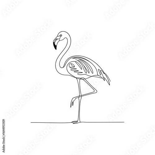 Elegant flamingo standing on one leg in continuous line art bird animal