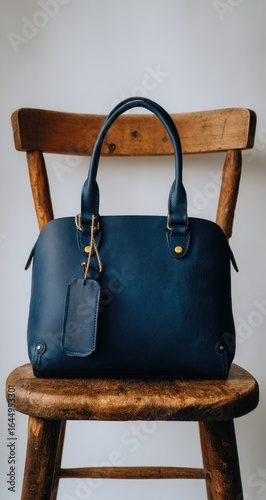 Dark navy leather handbag on wooden chair