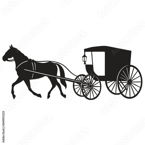 Black silhouette of a horse pulling a carriage with spoked wheels and a lantern white background