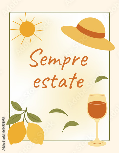 Summer-themed flat illustration with lemons, wine glass, sun, straw hat, and Sempre estate text. Bright Italian-inspired design for warm season and vacation vibes.