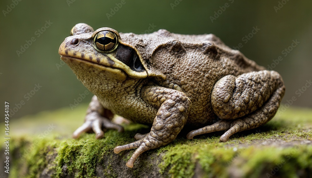 Brown frog sitting on mossy stone in natural environment Brown frog sitting on mossy stone in natural environment