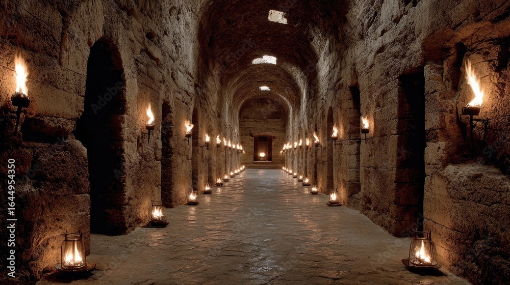 Fototapeta premium Ancient stone corridor lit by flickering flames