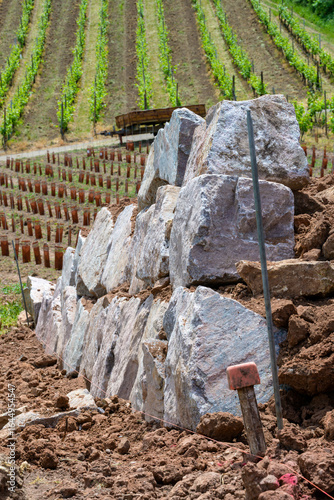 Chantier en cours : les premières pierres d'un mur de soutien dans le vignoble en terrasse sur les coteaux alsaciens