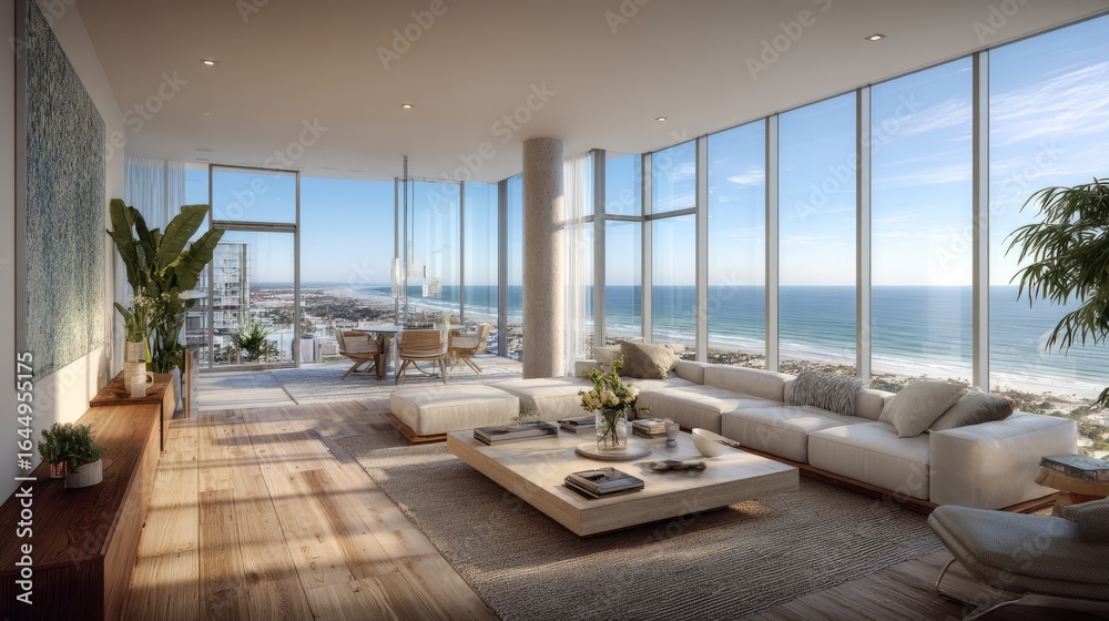Fototapeta premium Luxurious penthouse living room with expansive floor-to-ceiling windows showcasing a panoramic ocean view and modern minimalist furnishings