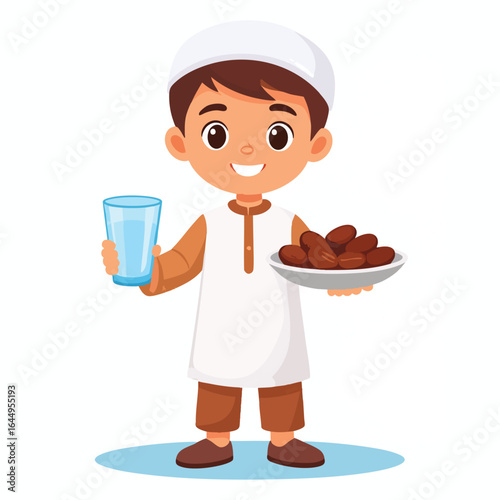 Smiling young boy in traditional clothing holds dates and water, celebrating Ramadan.