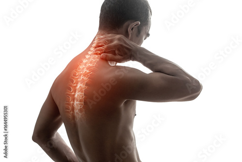 Man suffering from neck and back pain, with a glowing spine highlighting the painful area.