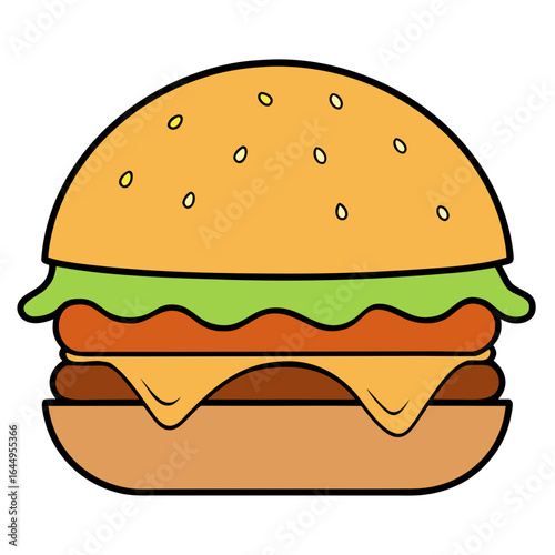 Stylized cartoon illustration of a delicious cheeseburger with sesame seeds on the bun