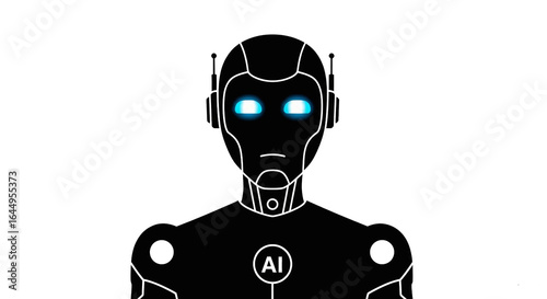 Robot silhouette with glowing blue eyes and AI text on white background