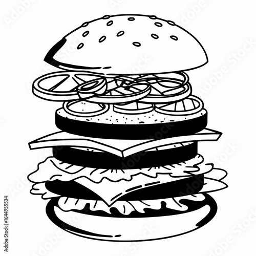 Deconstructed black and white line art illustration of a tall hamburger with multiple layers of ingredients