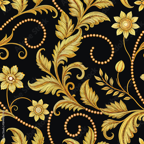 Ornate gold baroque floral pattern with pearl accents on black vector