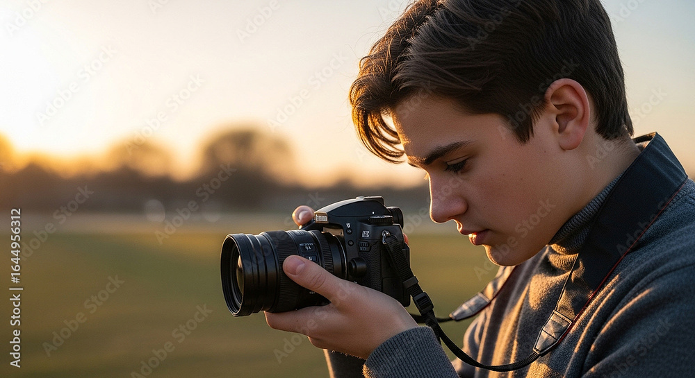 Obraz premium Young Photographer Capturing Sunset Landscape