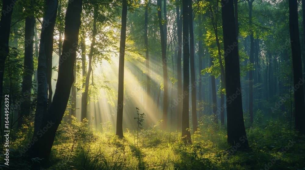 Obraz premium Sun rays shine through the trees in a dense forest.