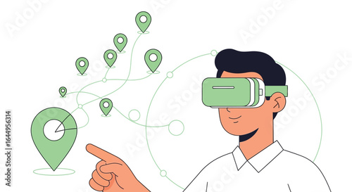 Man using vr headset with location pins in virtual space