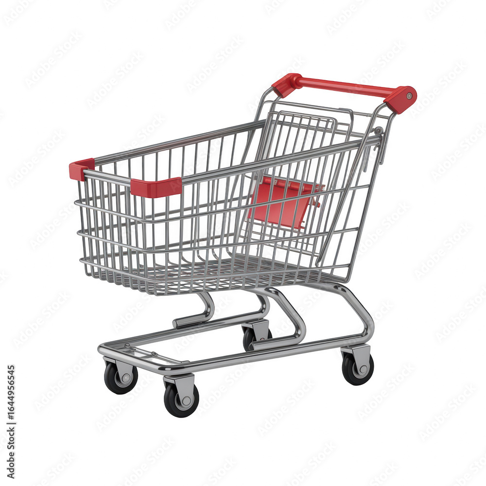 Empty shopping cart with red accents, isolated on transparent background it is a common sight in grocery stores, supermarkets, and retail environments for consumer purchases Empty shopping cart with red accents, isolated on transparent background it is a common sight in grocery stores, supermarkets, and retail environments for consumer purchases