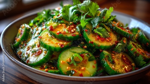 Spicy cucumber salad garnished with fresh cilantro and chili oil served in ceramic bowl, flavorful Asian side dish