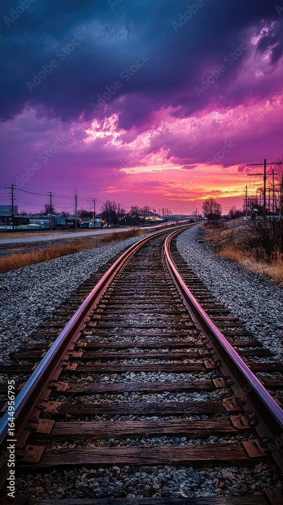 Fototapeta premium Railroad tracks disappearing into a vibrant sunset