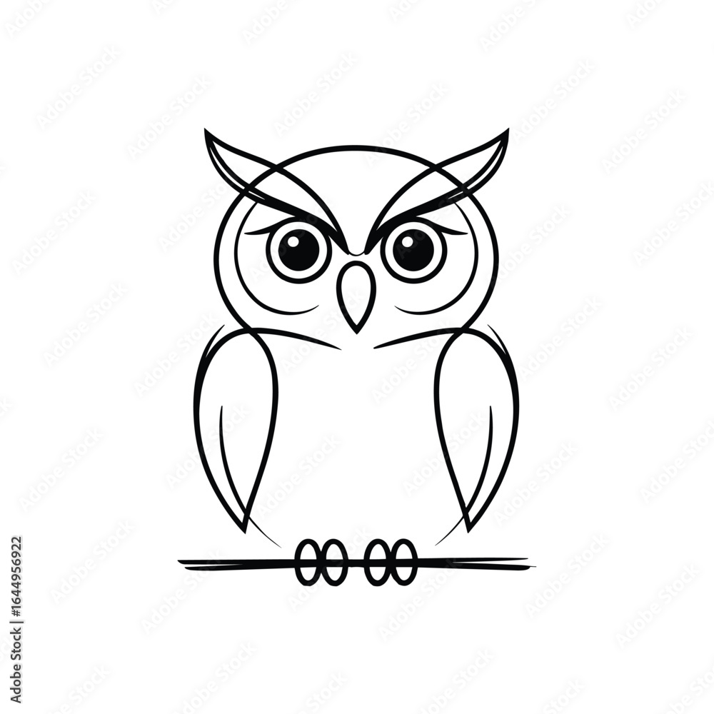Fototapeta premium Black and white line art of an owl perched on a branch bird