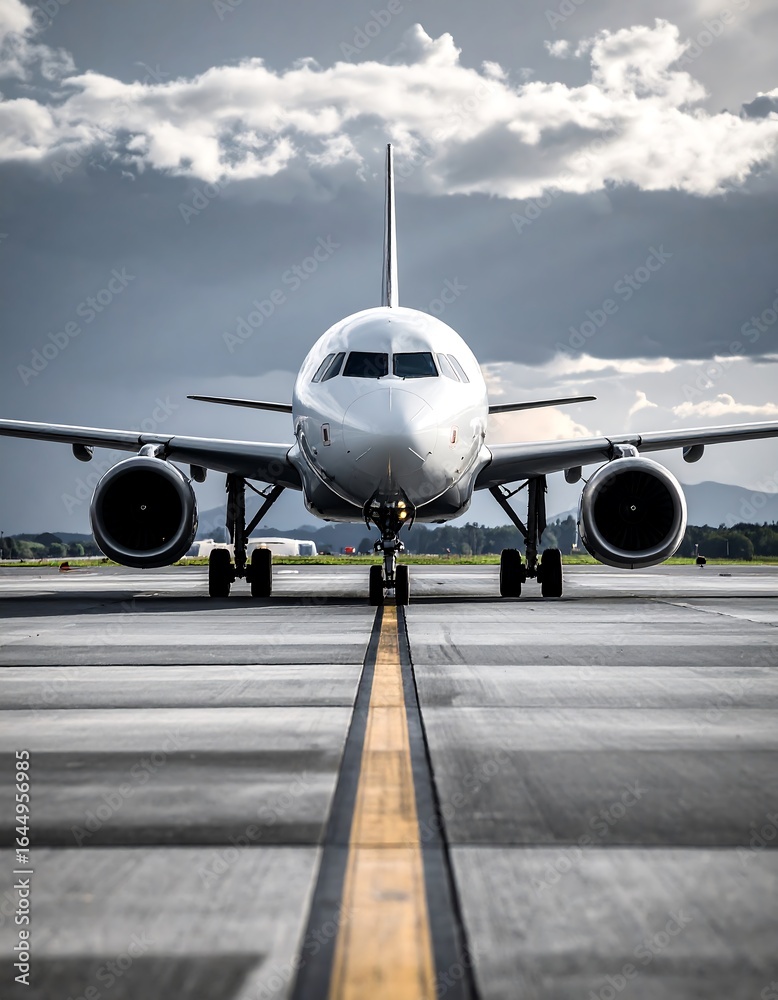 Obraz premium Airplane on tarmac, dramatic sky