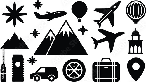 Vector art of diverse travel icons including airplanes, mountains, hot air balloon, clock tower, car, luggage, and map pin isolated on white background