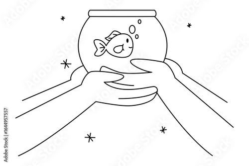 Minimal line art of hands holding a round fishbowl with a goldfish and bubbles, symbolizing care and pet keeping.