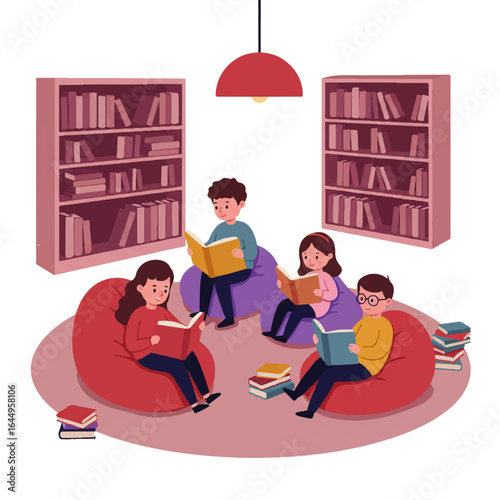 Group of children reading books on bean bag chairs