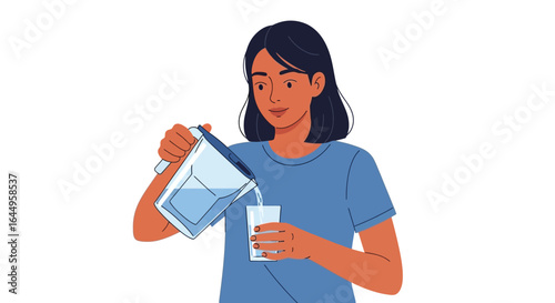 Woman pouring water from a pitcher into a glass on white background