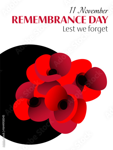 Vector illustration of remembrance day vertical poster with red poppy flowers on white and black circle background