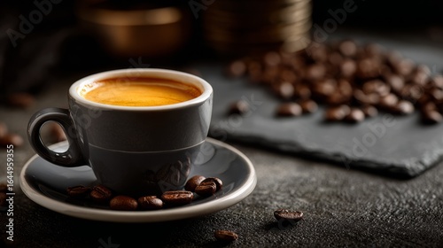 Elegant espresso cup with golden crema on a slate board surrounded by roasted coffee beans under moody candlelight