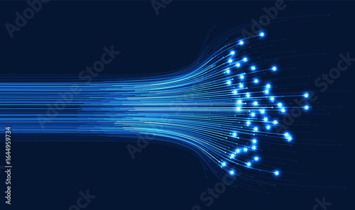 Blue glowing fiber optic lines streaming into multiple points, perfect for technology, internet, communication, and high-speed data concepts.