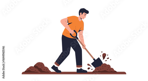Man digging soil with shovel in orange shirt illustration