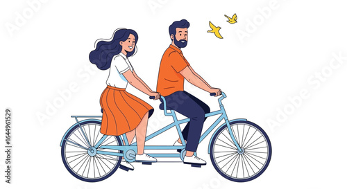 A couple riding a tandem bicycle with birds flying above them