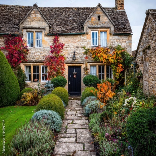 Autumnal stone cottage with vibrant garden
