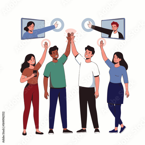 Diverse team members connect in a virtual meeting, celebrating success and collaboration using tech, fostering a global and inclusive work environment.