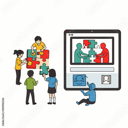 Illustrating modern teamwork, this image shows diverse individuals collaborating both physically and virtually, seamlessly connecting in a dynamic hybrid work environment.