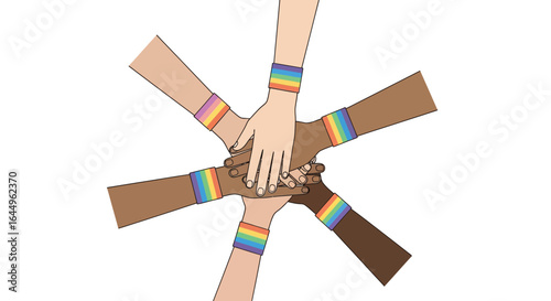 Hands together wearing rainbow wristbands on a white background