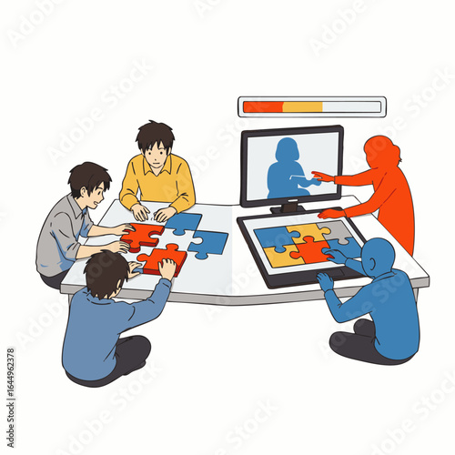 Remote team collaboration: a diverse group uses video conferencing and a virtual whiteboard to solve a puzzle together, symbolizing hybrid work solutions.