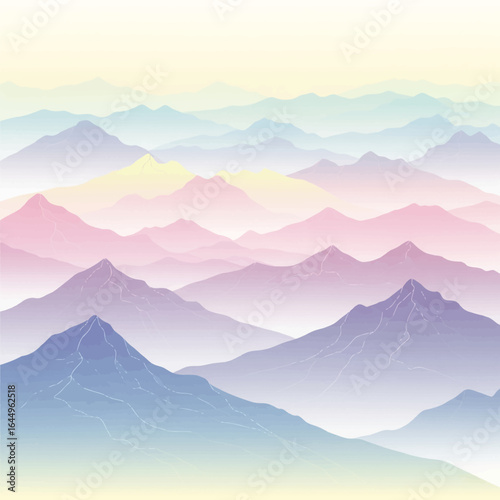 Serene pastel mountain range shrouded in mist, a dreamy landscape of layered peaks and valleys.