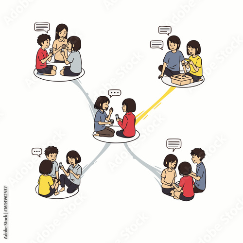 A vibrant illustration depicting multiple small groups of people communicating and collaborating remotely, connected virtually in a modern distributed work setting.