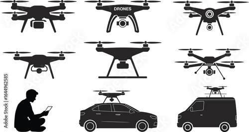 Silhouette drones collection, quadcopter drones flying, drone technology with camera, man controlling drone, drone on car and van roof