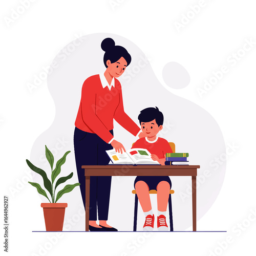 An illustration of a female teacher and a male student working on a book at a desk.